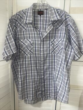 Plains Western Wear Men’s Shirt XL White Brown Plaid Snap Short Sleeves